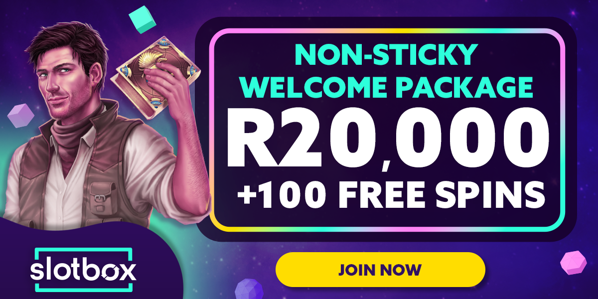 Slotbox South Africa casino review 2026 hero with R20,000 plus 100 free spins welcome banner